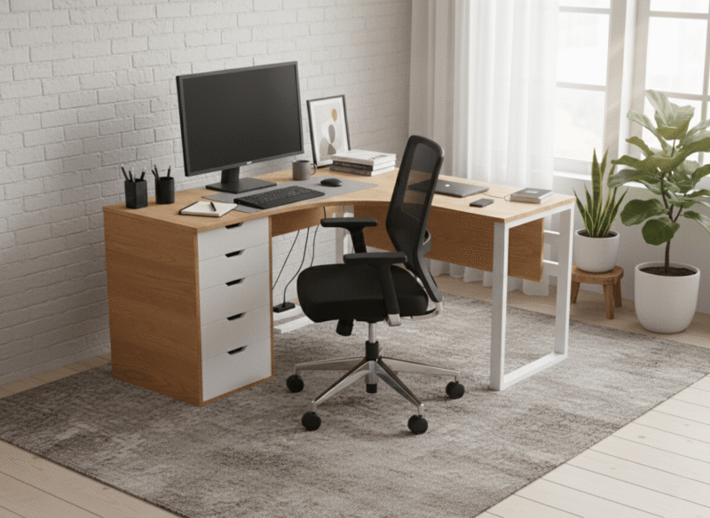 Corner Workstation Desk with 5 Drawers