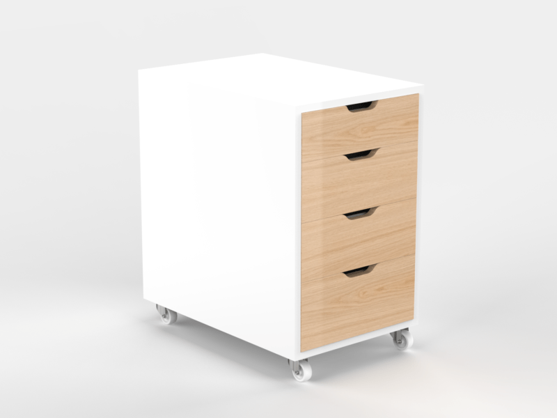 Rolling 4 tier storage cabinet for office files, white and light wood.