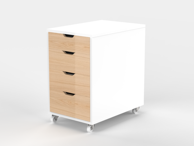 Rolling 4 tier storage cabinet for office files, white and light wood.