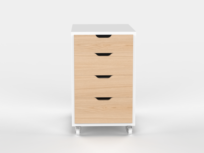 Furnotix white 4 drawer storage trolley with light wood face on casters.