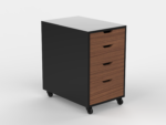 Tall wooden office cabinet with 4 drawers and wheels in dark texture.