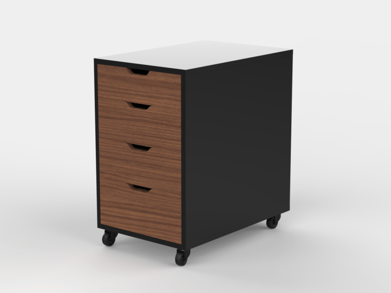 Tall wooden office cabinet with 4 drawers and wheels in dark texture.