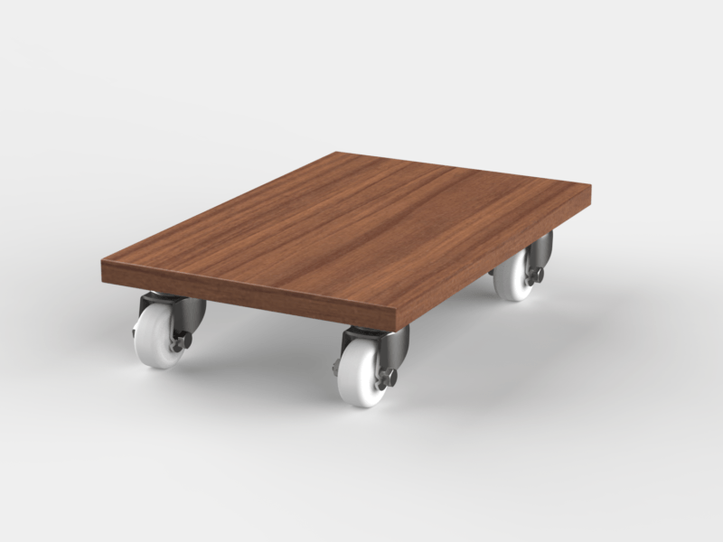 Dark wood under desk computer stand with wheels.