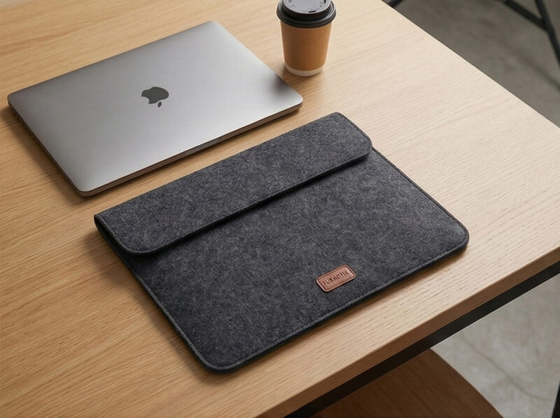 Minimalist felt laptop pouch lying on a wooden desk next to coffee.