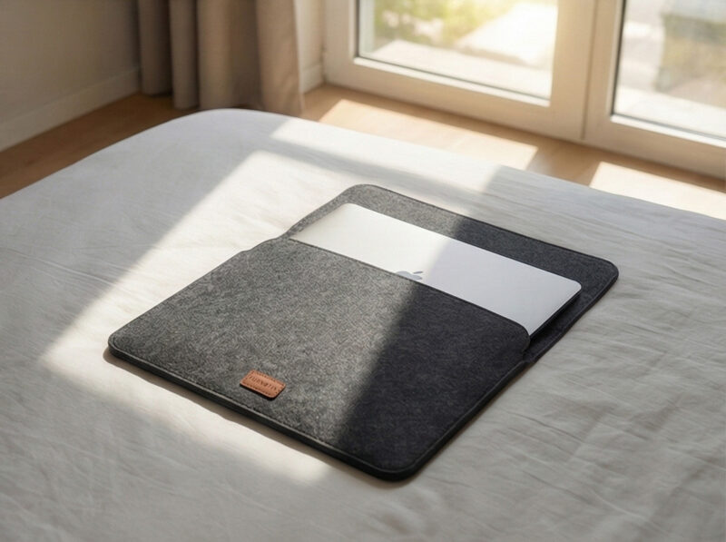 Soft grey laptop cover lying on a white bed sheet.