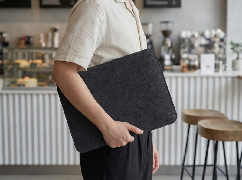 Person holding Furnotix felt laptop case under arm, showing slim profile.