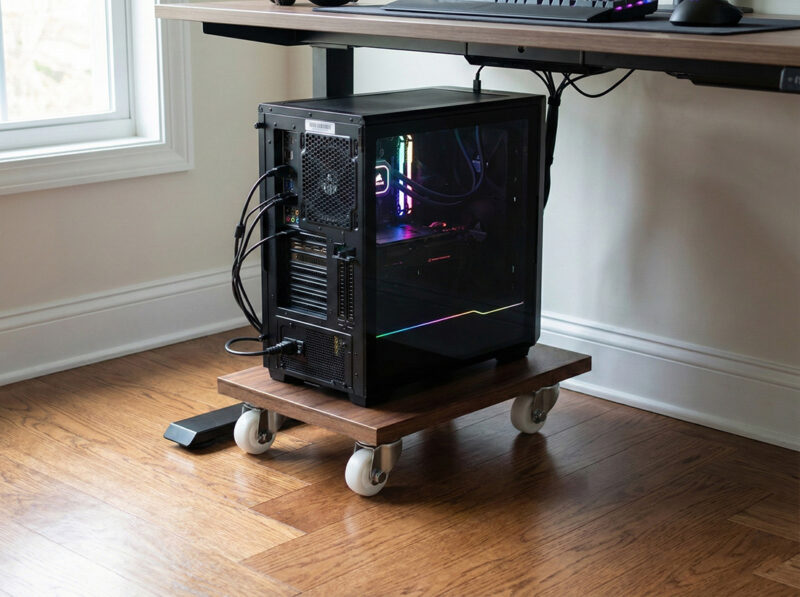 Furnotix office setup showing PC tower on wooden trolley under the desk.