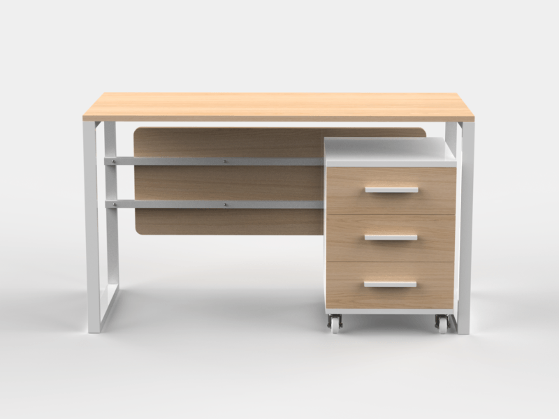 Furnotix manager desk with light wood top, powder-coated white steel frame, and a rolling 3-drawer cabinet. Ergonomic and minimalist design.