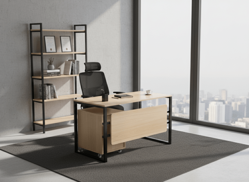 Furnotix manager desk with light wood top, powder-coated black steel frame, and a rolling 3-drawer cabinet. Ergonomic and minimalist design.