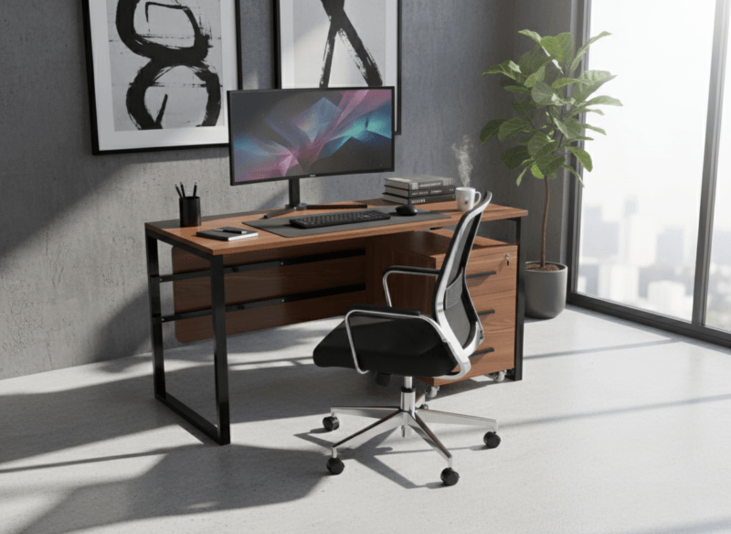 Furnotix manager desk with dark wood top, powder-coated black steel frame, and a rolling 3-drawer cabinet. Ergonomic and minimalist design.