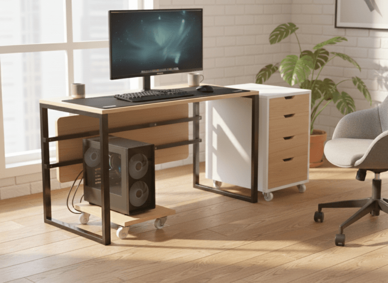 Furnotix office setup showing PC tower on wooden trolley under the desk.